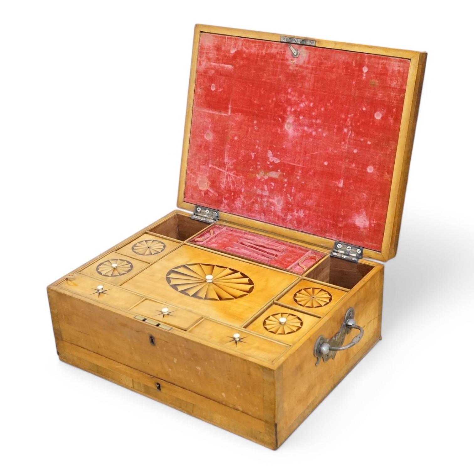 A 19th century paterae inlaid satinwood writing box, 39cm wide. CITES Submission reference ASNPNB4A. Condition - fair.